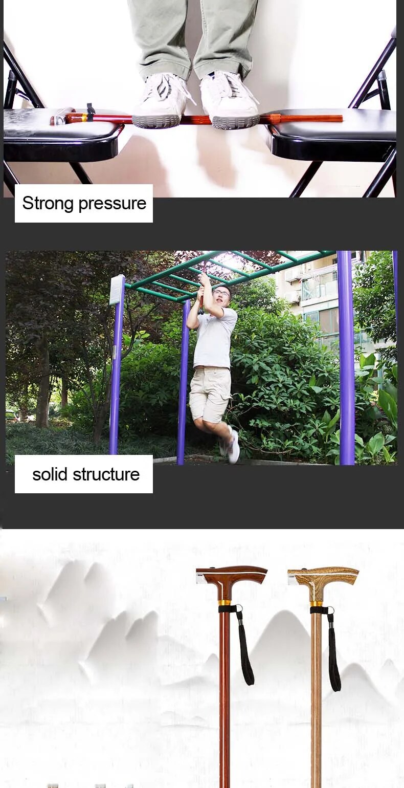 Wooden Walking Sticks with LED Lamp - Adjustable Wood Grain Crutch with Cork Handle, Multifunctional Cane Telescopic Baton for the Elderly