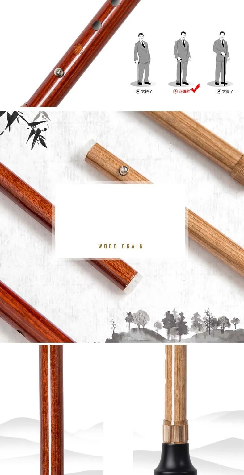 Wooden Walking Sticks with LED Lamp - Adjustable Wood Grain Crutch with Cork Handle, Multifunctional Cane Telescopic Baton for the Elderly