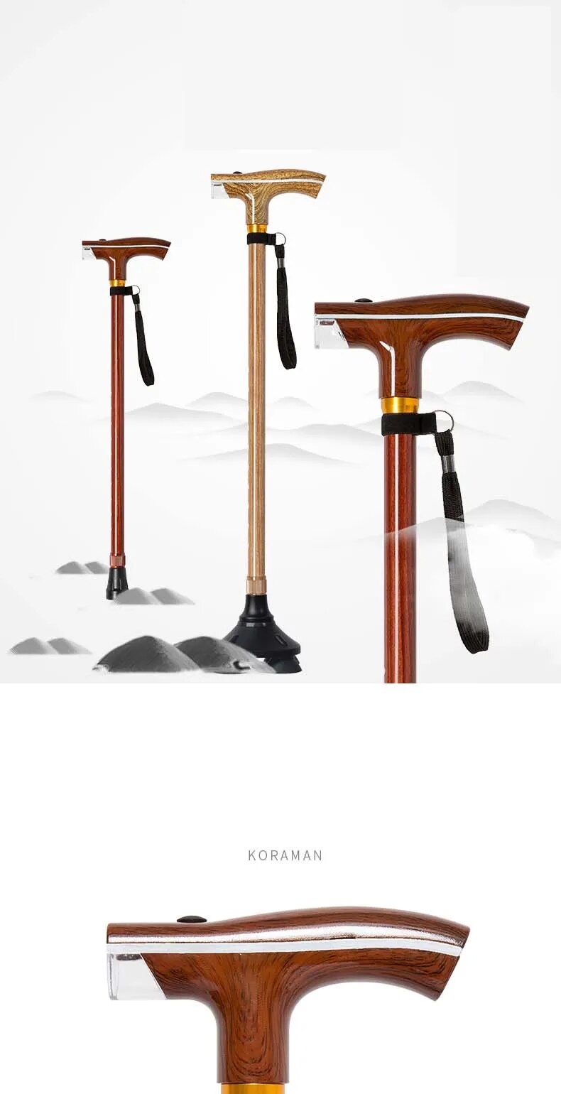 Wooden Walking Sticks with LED Lamp - Adjustable Wood Grain Crutch with Cork Handle, Multifunctional Cane Telescopic Baton for the Elderly