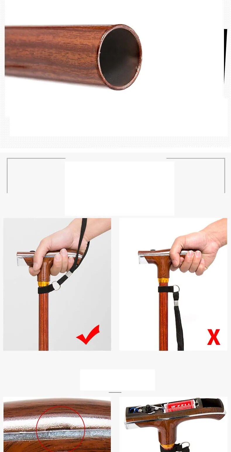 Wooden Walking Sticks with LED Lamp - Adjustable Wood Grain Crutch with Cork Handle, Multifunctional Cane Telescopic Baton for the Elderly