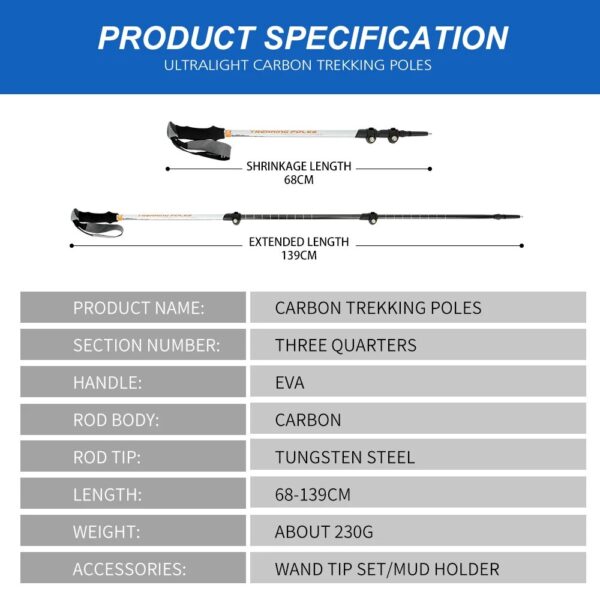 Retractable Walking Stick - Carbon Fiber Collapsible Telescopic Trekking Pole for Hiking and Climbing - Image 3