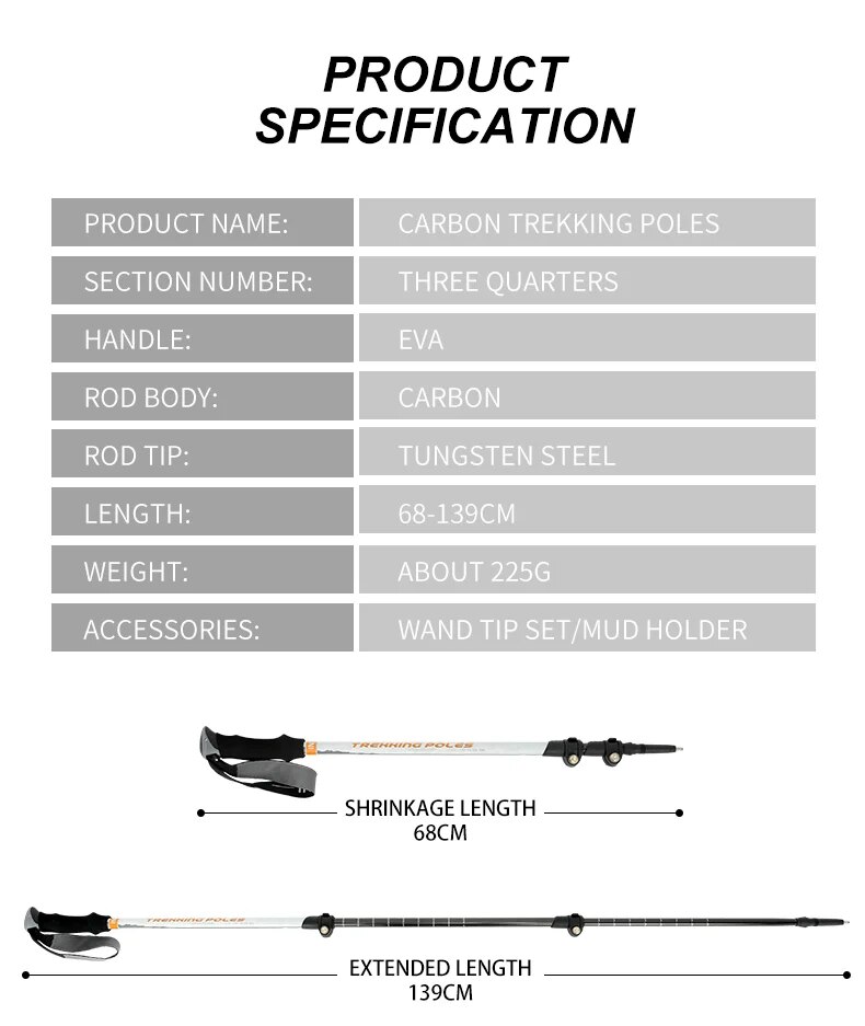 Retractable Walking Stick - Carbon Fiber Collapsible Telescopic Trekking Pole for Hiking and Climbing