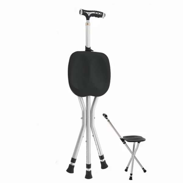 Seated Walking Canes 2-in-1 - Folding Walking Stick Tripod Stool with Adjustable Height, Anti-Slip Design, Elderly Walking Cane Crutch Chair Rest Stool with LED Light