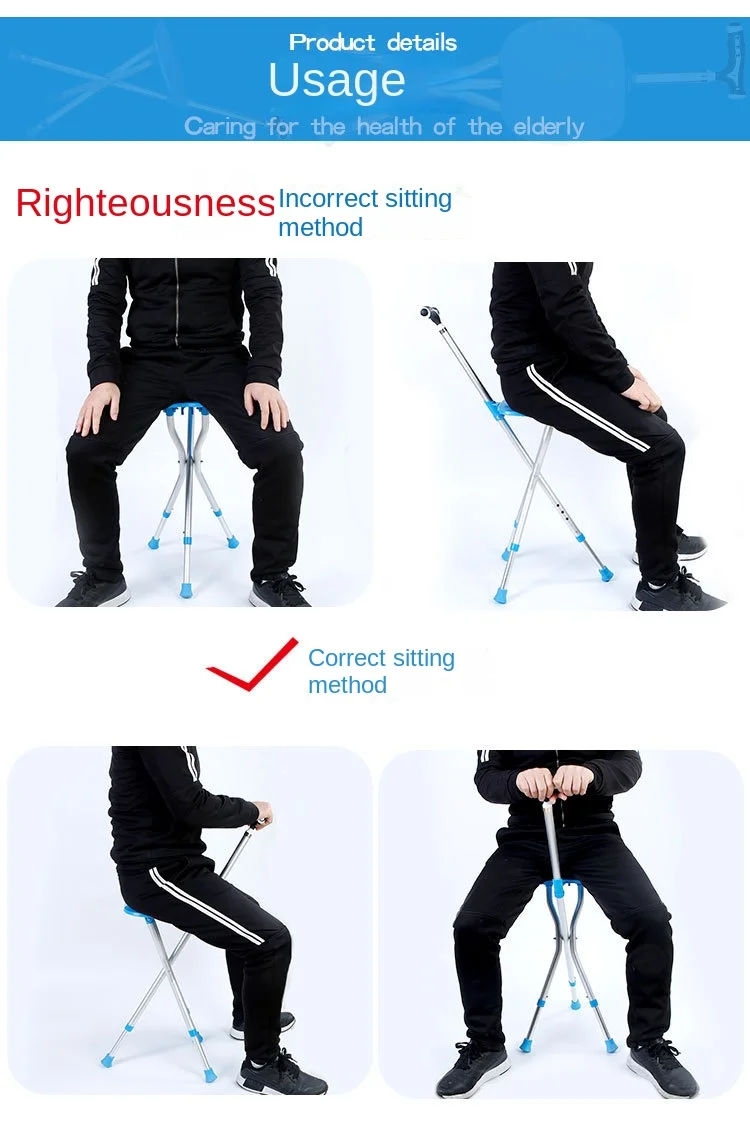 Seated Walking Canes 2-in-1 - Folding Walking Stick Tripod Stool with Adjustable Height, Anti-Slip Design, Elderly Walking Cane Crutch Chair Rest Stool with LED Light