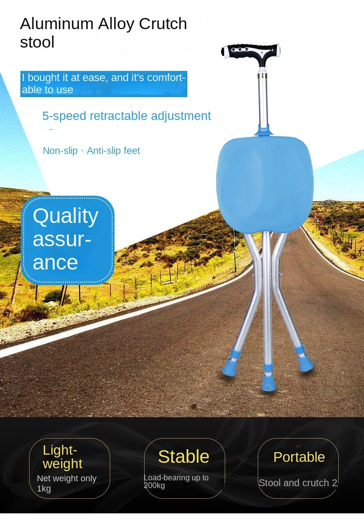 Seated Walking Canes 2-in-1 - Folding Walking Stick Tripod Stool with Adjustable Height, Anti-Slip Design, Elderly Walking Cane Crutch Chair Rest Stool with LED Light
