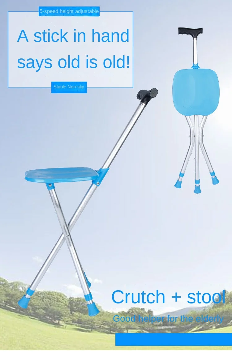 Seated Walking Canes 2-in-1 - Folding Walking Stick Tripod Stool with Adjustable Height, Anti-Slip Design, Elderly Walking Cane Crutch Chair Rest Stool with LED Light