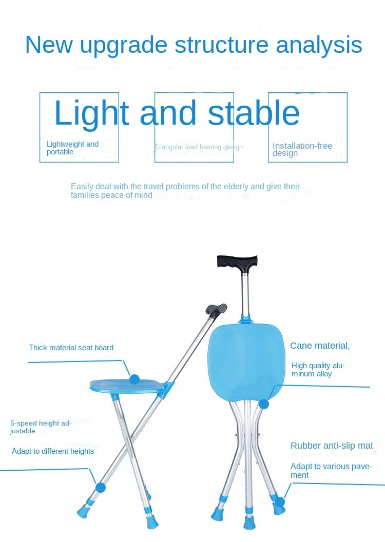Seated Walking Canes 2-in-1 - Folding Walking Stick Tripod Stool with Adjustable Height, Anti-Slip Design, Elderly Walking Cane Crutch Chair Rest Stool with LED Light