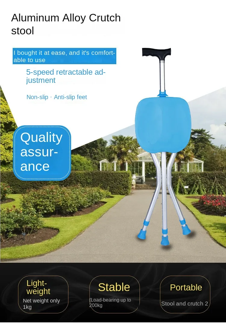 Seated Walking Canes 2-in-1 - Folding Walking Stick Tripod Stool with Adjustable Height, Anti-Slip Design, Elderly Walking Cane Crutch Chair Rest Stool with LED Light