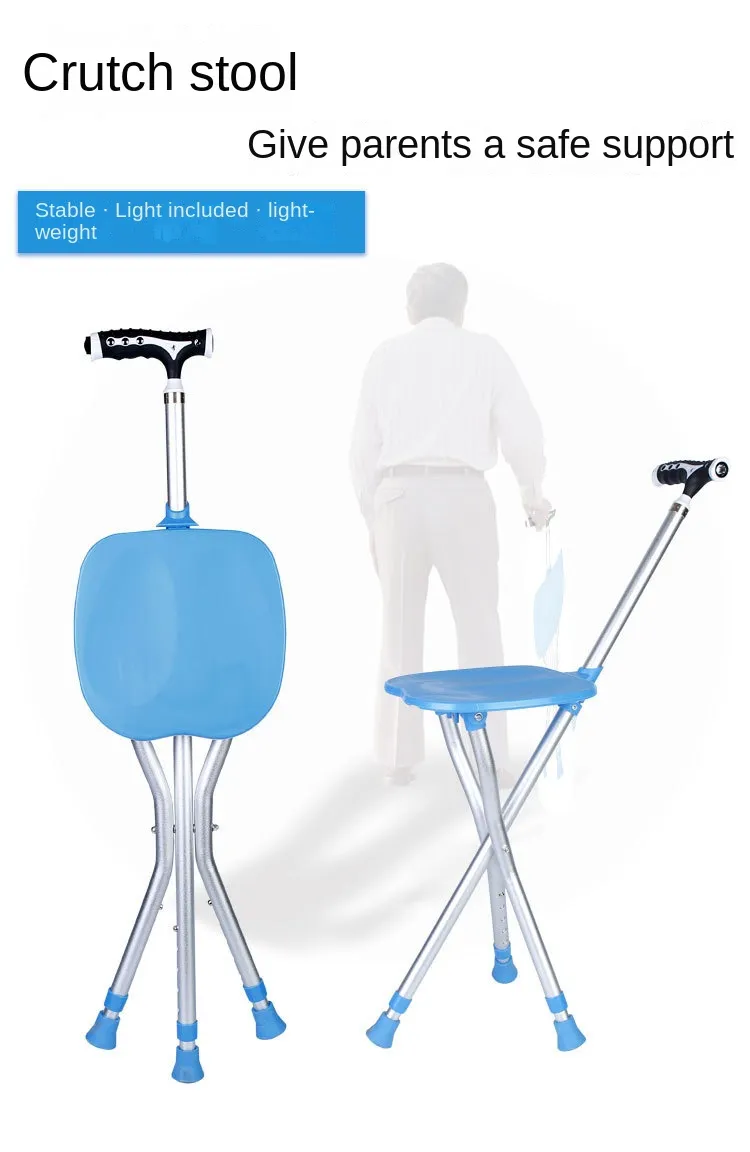 Seated Walking Canes 2-in-1 - Folding Walking Stick Tripod Stool with Adjustable Height, Anti-Slip Design, Elderly Walking Cane Crutch Chair Rest Stool with LED Light