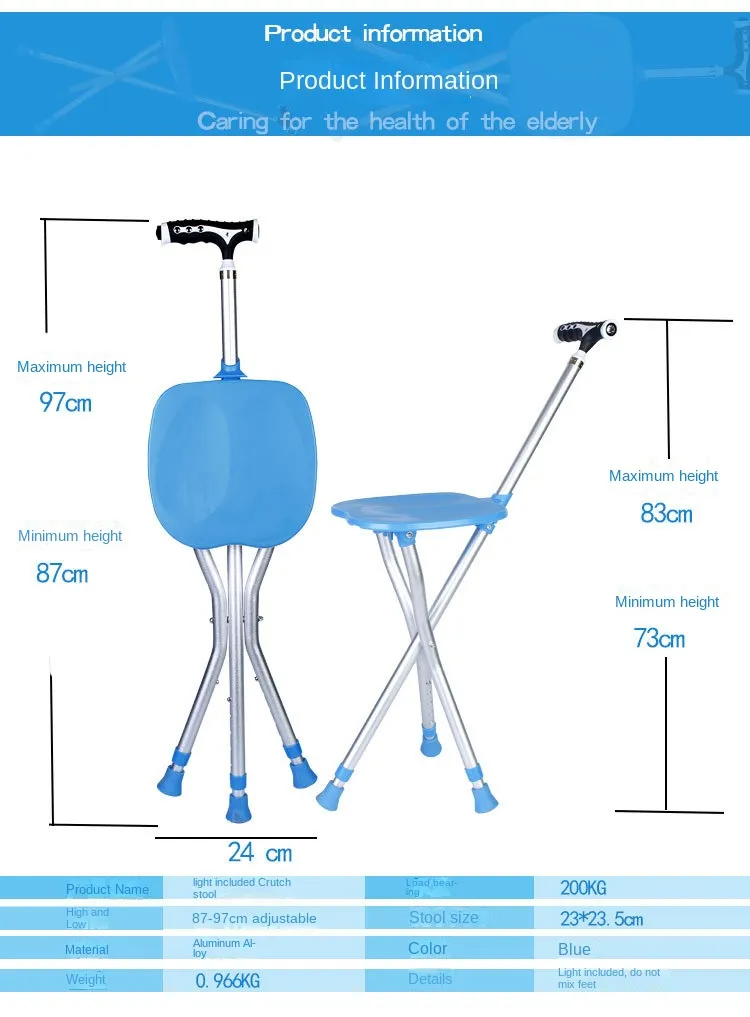 Seated Walking Canes 2-in-1 - Folding Walking Stick Tripod Stool with Adjustable Height, Anti-Slip Design, Elderly Walking Cane Crutch Chair Rest Stool with LED Light