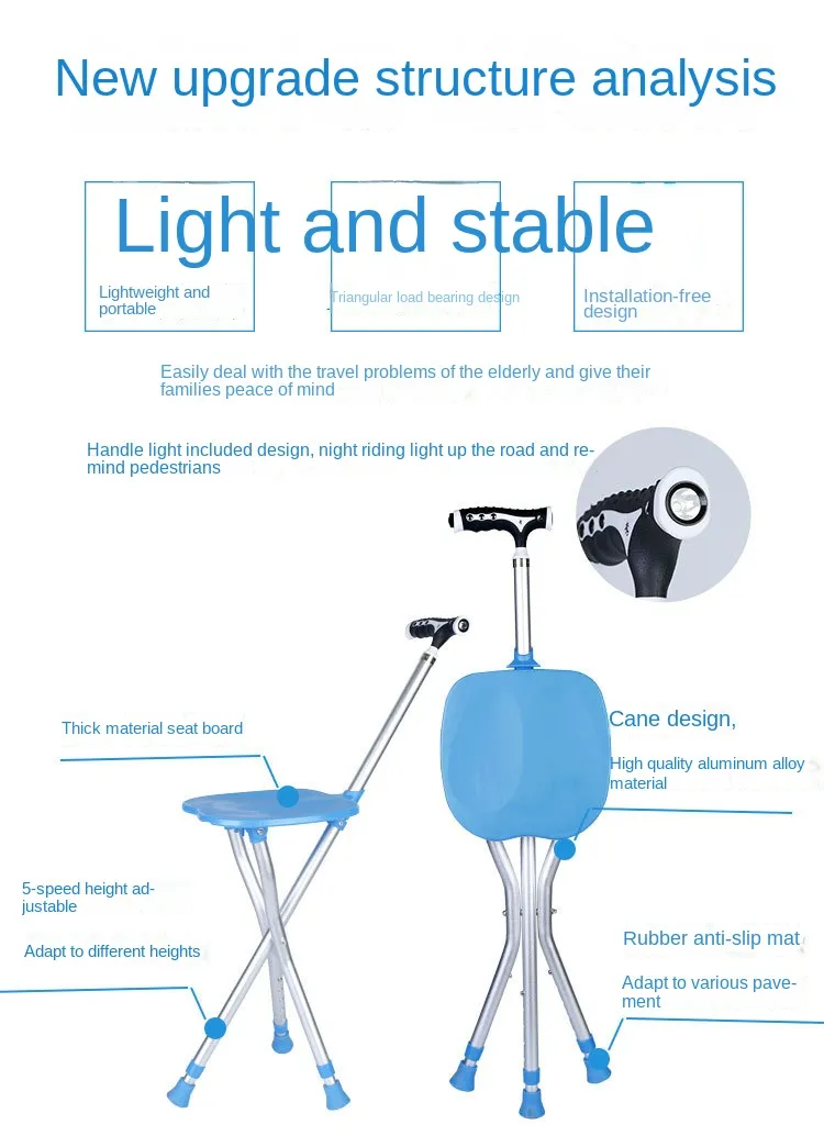 Seated Walking Canes 2-in-1 - Folding Walking Stick Tripod Stool with Adjustable Height, Anti-Slip Design, Elderly Walking Cane Crutch Chair Rest Stool with LED Light