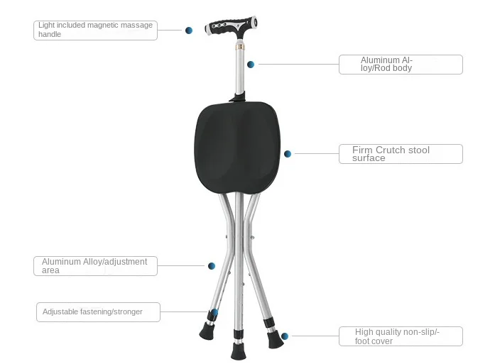 Seated Walking Canes 2-in-1 - Folding Walking Stick Tripod Stool with Adjustable Height, Anti-Slip Design, Elderly Walking Cane Crutch Chair Rest Stool with LED Light