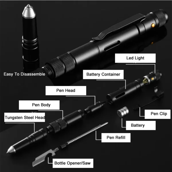 Multi-Functional EDC Tool Portable Tactical Pen with Flashlight, Bottle Opener, Emergency Glass Breaker - Ideal for Outdoor Self-Defense - Image 4