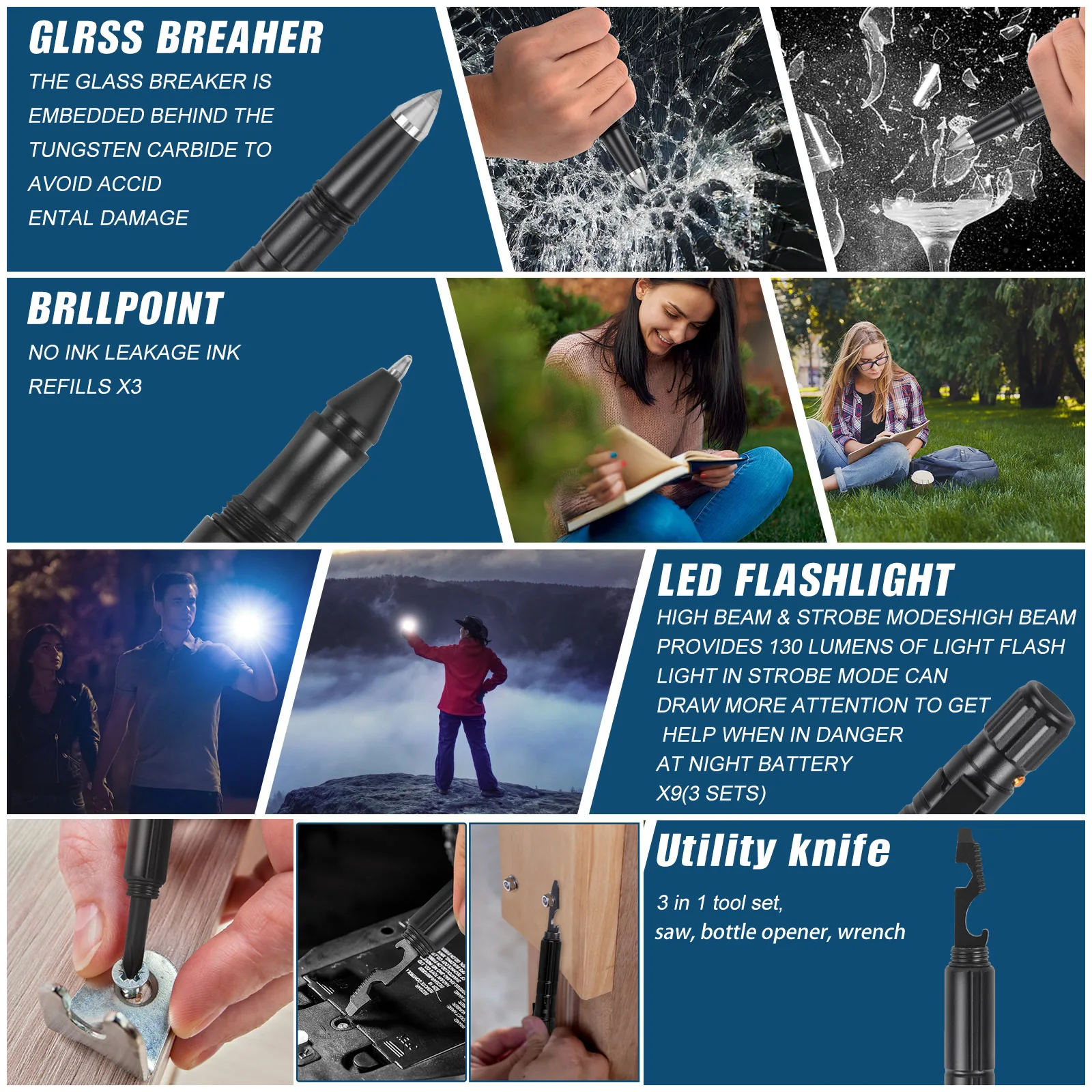Versatile Tactical Pen All-in-One Pen with Emergency Flashlight, Screwdriver, Bottle Opener, Window Breaker – Ideal for Outdoor Survival and Self-Rescue EDC