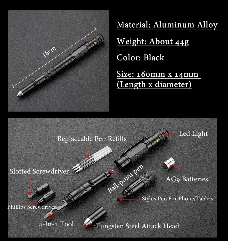 Versatile Tactical Pen All-in-One Pen with Emergency Flashlight, Screwdriver, Bottle Opener, Window Breaker – Ideal for Outdoor Survival and Self-Rescue EDC