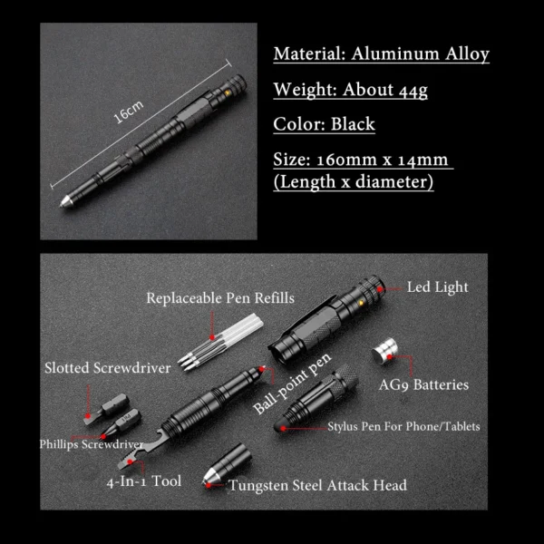 Versatile Tactical Pen All-in-One Pen with Emergency Flashlight, Screwdriver, Bottle Opener, Window Breaker – Ideal for Outdoor Survival and Self-Rescue EDC - Image 6