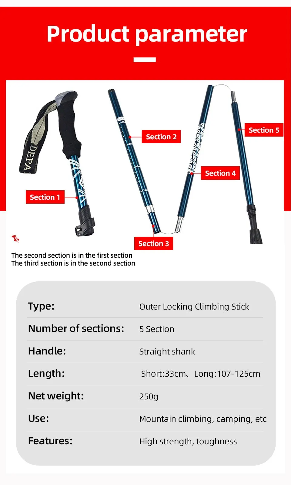Portable Telescopic Trekking Pole: A Convenient 5-Section Outdoor Foldable Walking and Hiking Stick for Nordic Elderly