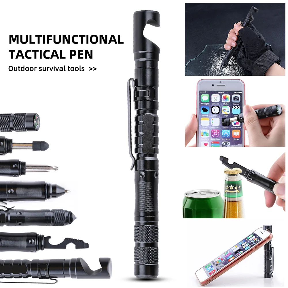 Versatile Tactical Pen with Mobile Phone Holder, Self-Defense Features, Touch Screen Functionality, Outdoor Survival Tools, and Compass Integration