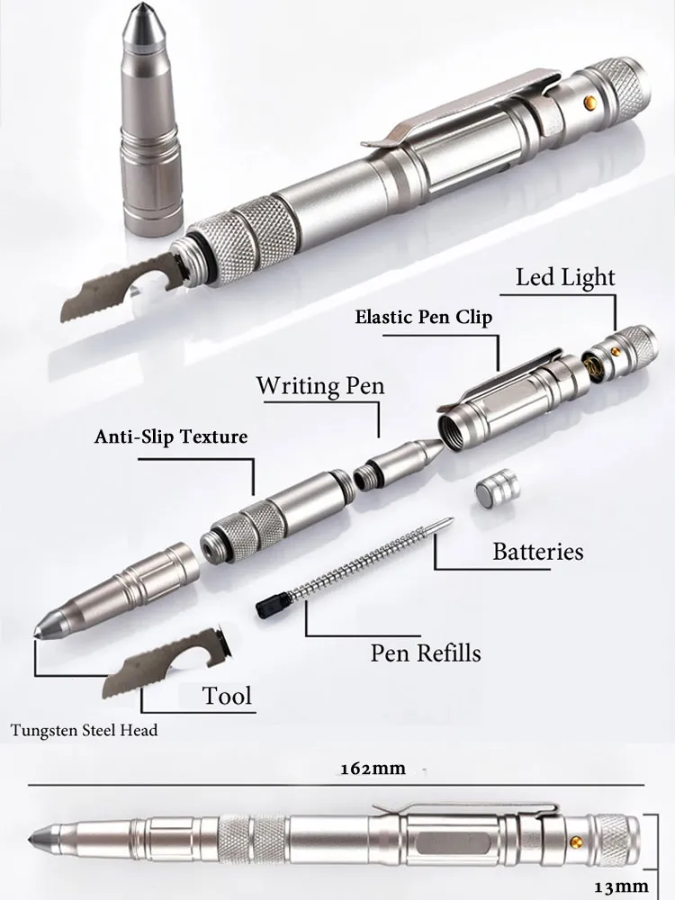 Military-Grade Multi-Function Self-Defense Pen with Emergency Flashlight, Strobe, Bottle Opener, Window Breaker, and Outdoor Survival Features for EDC