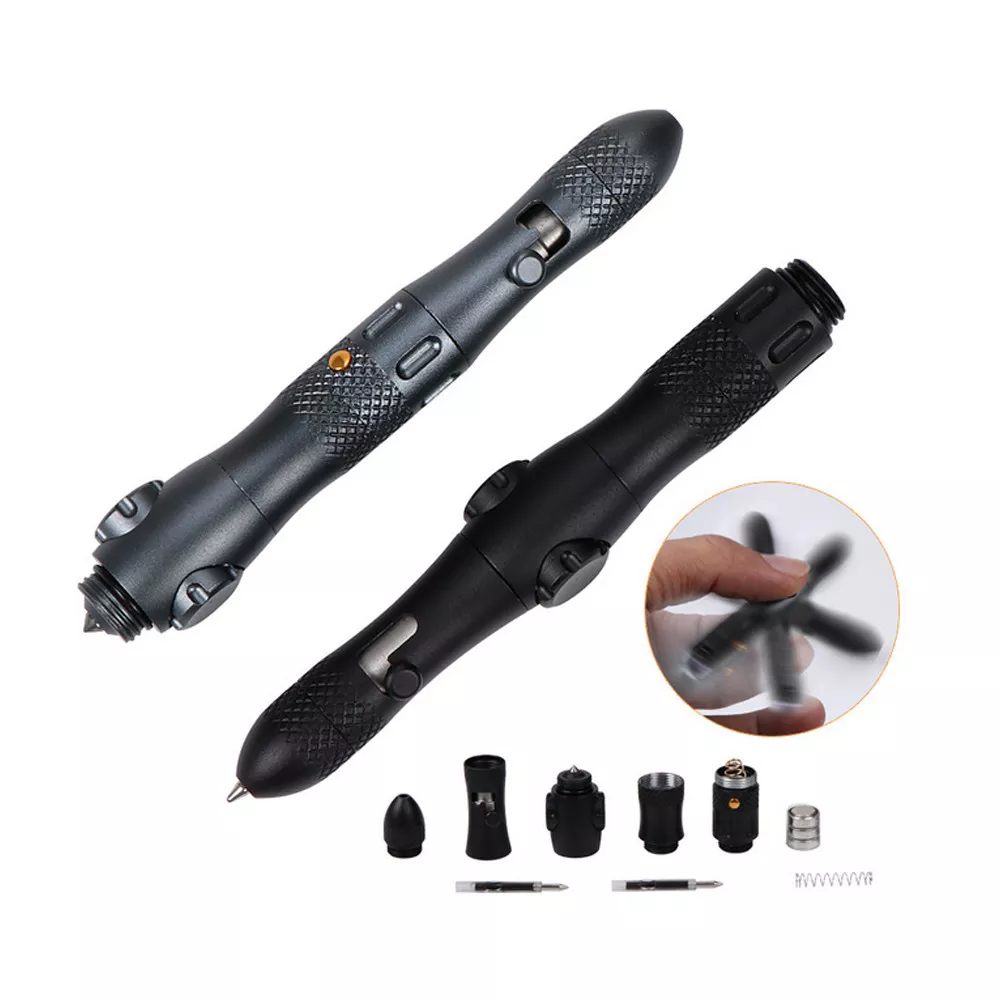 Aluminum Alloy Tactical Pen Multi-Functional Fingertip Gyro Pen with Light, Glass Breaker, and Survival Tools for Anti-Wolf Defense and Decompression