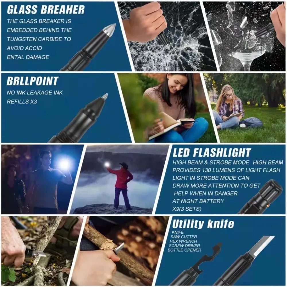 Outdoor Tactical Pen A Comprehensive Tool for Survival, Self-Defense, Rescue, Hiking, and Camping, Equipped with Compass