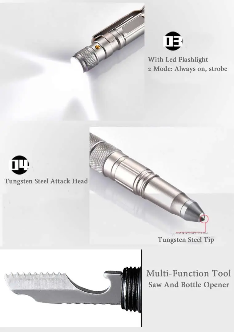 Military-Grade Multi-Function Self-Defense Pen with Emergency Flashlight, Strobe, Bottle Opener, Window Breaker, and Outdoor Survival Features for EDC