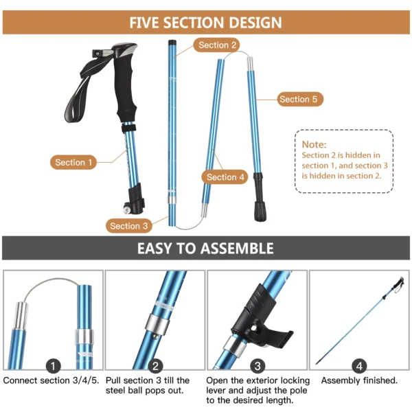 Ultralight 5-Fold Collapsible Trekking Pole An Essential Walking Stick for Hiking, Camping, and Mountaineering - Image 3